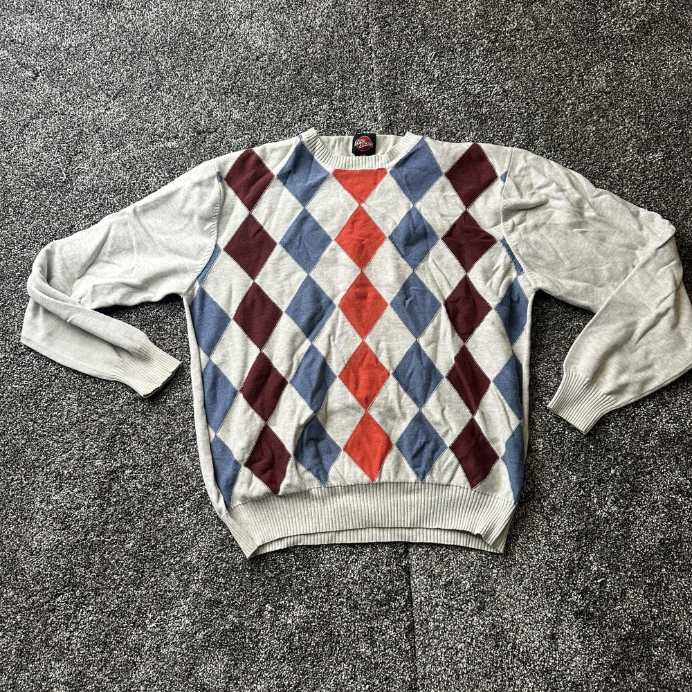Nick Danger Sweater Mens L Gray Argyle Diamond Grandpa‎ Crewneck Pullover